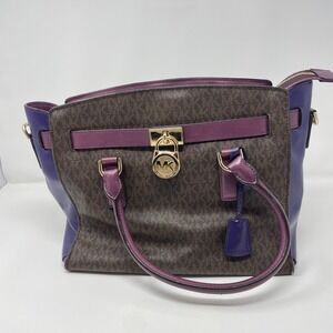 Michael Kors Hamilton Satchel Brown Monogram Purple Leather Trim Gold Padlock